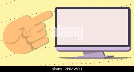 Un doigt pointant vers l'écran avec des informations importantes. Présentation manuelle de l'annonce de mise à jour récente. Affichage des messages critiques par le cadre. Banque D'Images