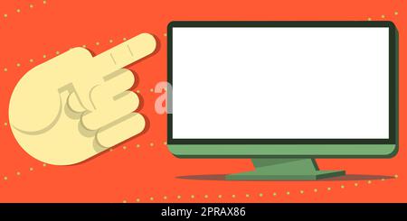 Un doigt pointant vers l'écran avec des informations importantes. Présentation manuelle de l'annonce de mise à jour récente. Affichage des messages critiques par le cadre. Banque D'Images