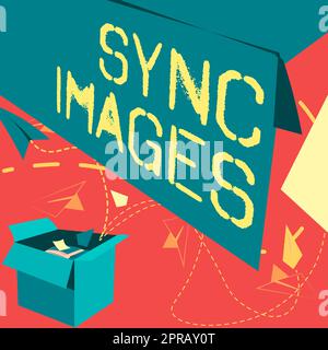 Symbole de texte indiquant les images synchronisées. Mot pour faire des photos identiques dans tous les appareils accessibles partout Open Box avec Flying Paper planes présentant de nouvelles idées libres Banque D'Images