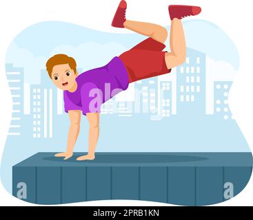 Parkour Sports avec des jeunes hommes qui sautent au-dessus des murs et des barrières dans les rues et les bâtiments de la ville dans un dessin-modèle de dessin animé à la main Illustration de Vecteur