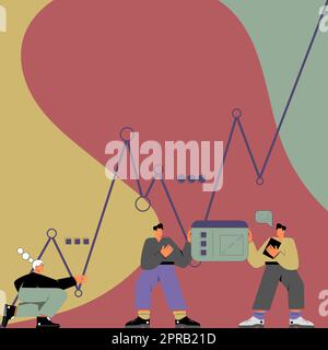 Trois hommes avec des corps surdimensionnés préparer des graphiques représentant la croissance de l'entreprise et des Decreas. Colegues préparation de l'installation du graphique fixation des tables à la carte Banque D'Images