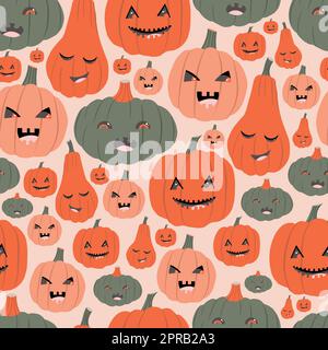 Émotions de citrouille, motif sans couture sur fond rose, pucerons, trelliises de papier peint, citrouilles d'halloween, visages effrayants. Banque D'Images