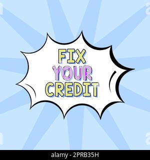 Texte manuscrite fixez votre crédit. Mot pour garder les soldes bas sur les cartes de crédit et d'autres crédit vide de parole bulle dans forme de coup pour la publicité d'affaires. Banque D'Images