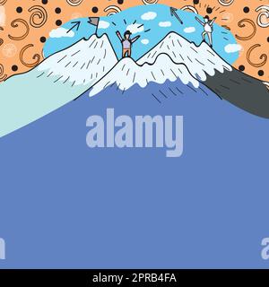 Message présenté sous les hommes randonnée au sommet des montagnes avec neige. Deux randonneurs grimpant sur les falaises pour atteindre Un but. Grimpeurs qui monte avec des nuages en arrière-plan. Illustration de Vecteur