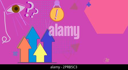 Flèche système pointant vers le haut symbolisant l'achèvement réussi du projet atteindre des idées de promotion et d'affaires. Tablette financière avec ordinateur portable, ampoule, enveloppe. Banque D'Images