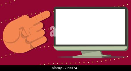 Un doigt pointant vers l'écran avec des informations importantes. Présentation manuelle de l'annonce de mise à jour récente. Affichage des messages critiques par le cadre. Banque D'Images