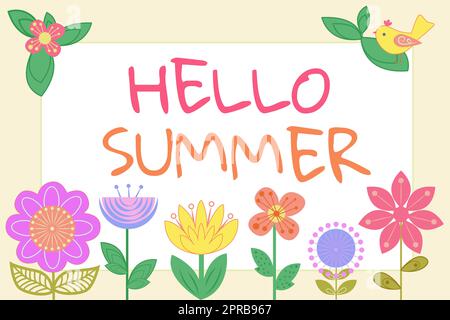 Affiche Hello Summer. Approche commerciale l'accueil de la saison la plus chaude de l'année arrive après le printemps cadre avec des oiseaux, des feuilles et des fleurs et des données importantes à l'intérieur. Banque D'Images