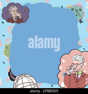 Les hommes d'affaires parlent sur les téléphones mobiles et présentent des idées importantes. Des hommes parlant sur des téléphones cellulaires et montrant des informations de base. Les cadres affichent de nouvelles données. Illustration de Vecteur