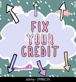 Écriture affichant le texte fixez votre crédit. Concept Internet maintenir les soldes bas sur les cartes de crédit et autres messages importants de crédit écrits en forme de nuage avec des flèches autour. Banque D'Images