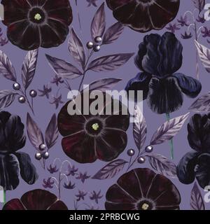 Motif floral gothique sans couture avec fleurs de velours noir et violet aquarelle. Imprimé textile et design dans un style victorien de luxe. Banque D'Images