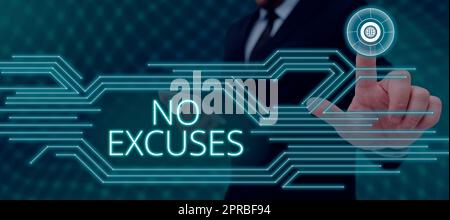 Texte indiquant inspiration pas d'excuses. Mot écrit sur dire à quelqu'un de ne pas dire les raisons de certains problèmes d'homme d'affaires en costume tenant la tablette symbolisant un travail d'équipe réussi. Banque D'Images