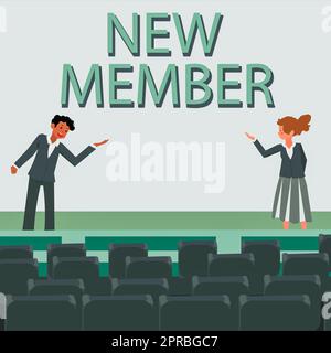 Affiche indiquant le nouveau membre. Concept Internet recrutement employé à entreprise ou équipe naissance d'enfant frais collègues masculins et féminins faisant la présentation sur scène avec des gestes de main. Banque D'Images