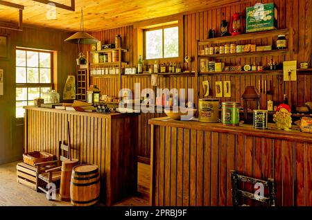 Des articles variés sont exposés dans un magasin général à l'ancienne au parc bicentenaire du comté de Baldwin, à 22 avril 2023, à Stockton, en Alabama. Banque D'Images