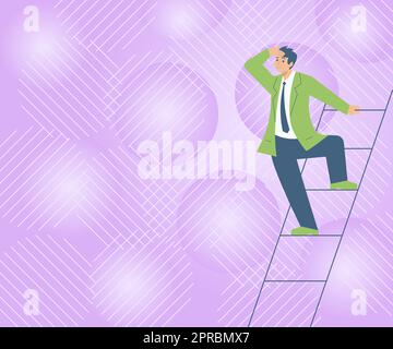 Gentleman en costume Standing Ladder la recherche des dernières idées de plan a réussi à atteindre des objectifs. Homme escalade Escaliers explorant de futures stratégies innovantes. Illustration de Vecteur