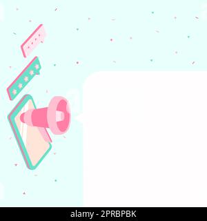 Dessin d'une tablette avec Megaphone faisant une nouvelle annonce dans UNE boîte de conversation. Dessin d'appareil mobile, y compris Bullhorn faisant du tonnerre par message . Illustration de Vecteur