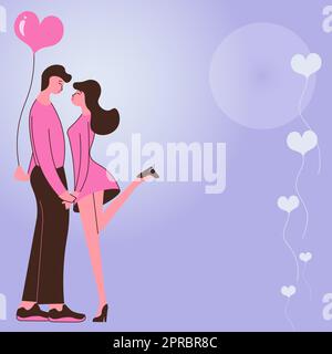 Couple charmant tenant les mains prêtes à baiser montre l'harmonie entre les paires. Homme portant le présent embrassant femme représente romantique duo passionné faisant l'amour. Illustration de Vecteur