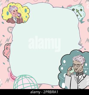 Les hommes d'affaires parlent sur les téléphones mobiles et présentent des idées importantes. Des hommes parlant sur des téléphones cellulaires et montrant des informations de base. Les cadres affichent de nouvelles données. Illustration de Vecteur