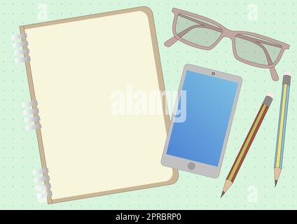 Dessin pour ordinateur portable avec lunettes pour appareil mobile deux crayons. Conception du bloc-notes à côté du téléphone lunettes de soleil paire de stylos montrant la table organisée. Illustration de Vecteur