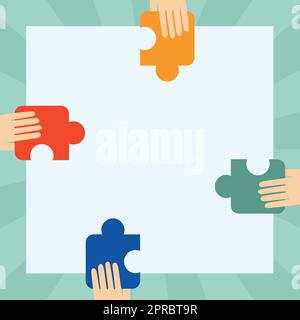 Illustration des mains tenant Un puzzle Jigsaw de chaque côté de la grande boîte vierge s'aidant l'un l'autre. Mise en plan de ligne de groupe partager de nouvelles idées étonnantes les unes avec les autres. Illustration de Vecteur