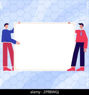 Deux hommes dessin avec fond de papier vide présentant de nouvelles idées. Gentleman Holding large Paper montrant de nouveaux développements. Collègues brainstorming réflexions récentes. Illustration de Vecteur