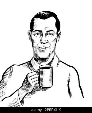 Un jeune homme boit une tasse de café. Encre dessinée à la main sur papier rétro dessin noir et blanc Banque D'Images