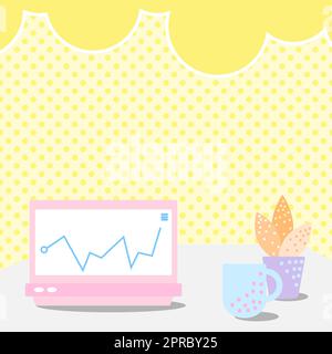 Ordinateur portable posé sur Une table à côté de la tasse à café et de l'usine montrant le processus de travail. Bureau dessin avec ordinateur portable. Conception de dessus d'ordinateur. Illustration de Vecteur