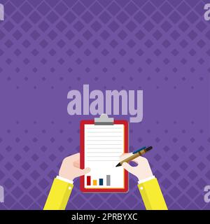 Presse-papiers de conservation des associés commerciaux documentant les rapports financiers avec Pen. Mains dessin de graphiques utilisation de papier avec crayon montrant un dessin visuel de données. Illustration de Vecteur
