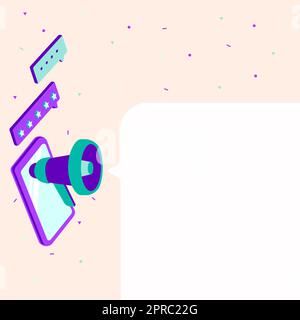 Dessin d'une tablette avec Megaphone faisant une nouvelle annonce dans UNE boîte de conversation. Dessin d'appareil mobile, y compris Bullhorn faisant du tonnerre par message . Illustration de Vecteur