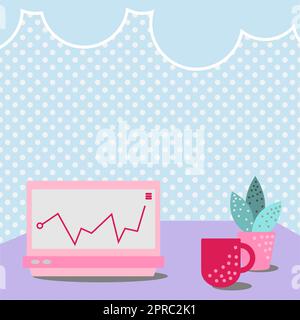 Ordinateur portable posé sur Une table à côté de la tasse à café et de l'usine montrant le processus de travail. Bureau dessin avec ordinateur portable. Conception de dessus d'ordinateur. Illustration de Vecteur