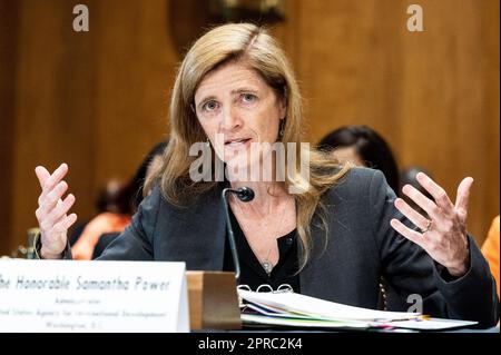 Washington, États-Unis. 26th avril 2023. Samantha Power, Administrateur de l'Agence des États-Unis pour le développement international (USAID), prenant la parole lors d'une audience du Comité des relations étrangères du Sénat, au Capitole des États-Unis. Crédit : SOPA Images Limited/Alamy Live News Banque D'Images