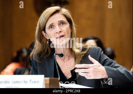 Washington, États-Unis. 26th avril 2023. Samantha Power, Administrateur de l'Agence des États-Unis pour le développement international (USAID), prenant la parole lors d'une audience du Comité des relations étrangères du Sénat, au Capitole des États-Unis. Crédit : SOPA Images Limited/Alamy Live News Banque D'Images