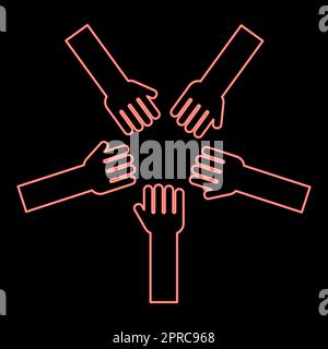 Neon Five Hands Group bras beaucoup de mains se connectant paumes ouvertes les gens mettant leurs mains ensemble Stack Hands concept unité rouge couleur vector illustration style plat Illustration de Vecteur