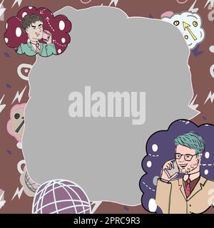 Les hommes d'affaires parlent sur les téléphones mobiles et présentent des idées importantes. Des hommes parlant sur des téléphones cellulaires et montrant des informations de base. Les cadres affichent de nouvelles données. Illustration de Vecteur