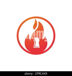Modèle de conception de logo de clé de cadenas de feu. Icône du logo de la flamme du feu. Illustration de Vecteur