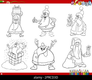 Caricature Santa avec Noël cadeaux page de coloriage Illustration de Vecteur