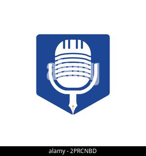 Design du logo de la radio podcast de la conférence avec microphone à stylet. Conception du logo vectoriel du podcast éducatif. Illustration de Vecteur