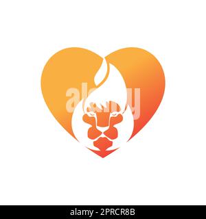 Modèle de conception du logo vectoriel Lion Fire. Motif lion Flames créatif avec logo en forme de coeur. Illustration de Vecteur