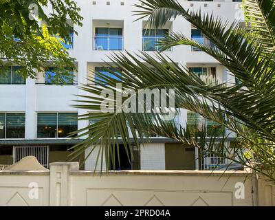 Façade de l'immeuble d'appartements de vacances avec balcons vus à travers les branches d'arbres. Banque D'Images