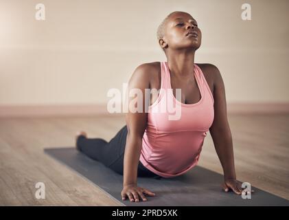 Prendre soin de mon dos. Une jeune femme attirante tenant un chien face vers le haut pose pendant une séance de yoga en intérieur seul. Banque D'Images