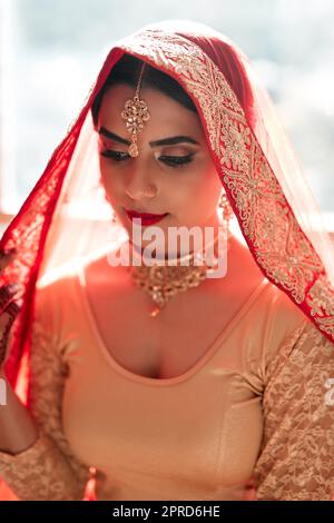 Theres quelque chose de magique au sujet d'un mariage indien traditionnel. Une belle jeune femme se prépare pour son mariage. Banque D'Images