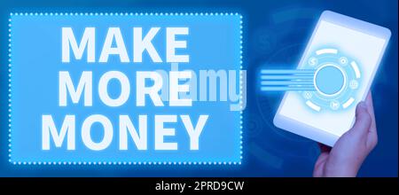 Affiche faire plus d'argent. Vitrine d'affaires augmenter vos revenus salaire avantages travailler plus dur ambition homme d'affaires tenir Une tablette Afficher des symboles numériques pour les présentations. Banque D'Images