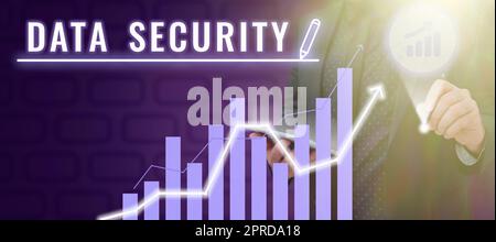 Signature manuscrite sécurité des données. Concept commercial Confidentialité chiffrement de disque sauvegardes protection de mot de passe Homme avec tablette et graphique à barres numériques analyse des données commerciales et de la croissance. Banque D'Images