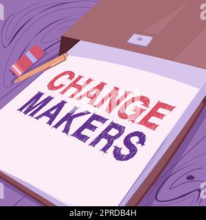 Texte montrant inspiration change Makers. Vitrine d'affaires jeunes turk Influtivistes urbanisation mode Gen X message important écrit sur Note sur le bureau avec crayon et caoutchouc. Banque D'Images