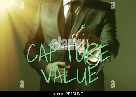 Texte indiquant la valeur de la capture d'inspiration. Idée commerciale relation client satisfaire les besoins marque force rétention homme d'affaires Holding Pen et présentant des informations importantes. Banque D'Images