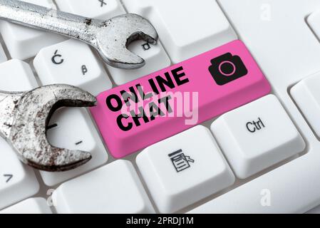 Légende du texte présentant le chat en ligne. Vitrine d'affaires parler avec un ami ou quelqu'un par Internet et téléphone PC -48630 Banque D'Images