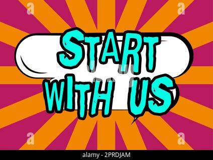 Affiche commencer avec nous. Présentation commerciale commencez par l'invitation de notre entreprise à rejoindre un homme d'affaires en équipe en costume tenant la paume ouverte symbolisant un travail d'équipe réussi. Banque D'Images