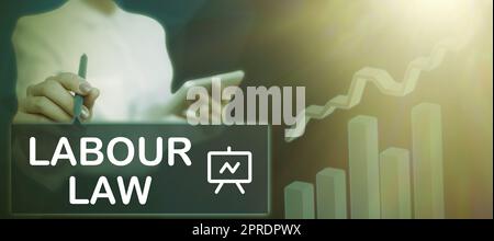 Légende conceptuelle droit du travail. Concept Internet règles mises en œuvre par l'État entre les employeurs et l'homme d'affaires employé en costume tenant bloc-notes symbolisant un travail d'équipe réussi. Banque D'Images