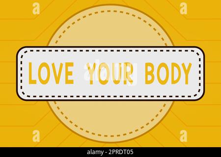 Panneau affichant Love Your Body. Mot écrit sur Selfacception prendre soin de vous avoir une femme de régime sain tenant le stylo et le verre bannière tout en faisant la promotion de la compagnie. Banque D'Images