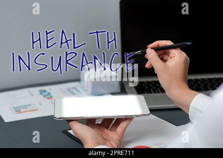 Texte d'écriture couverture d'assurance maladie qui paie pour les frais médicaux et chirurgicaux , couverture d'une idée d'affaires qui paie pour le médicament chirurgical expen Banque D'Images
