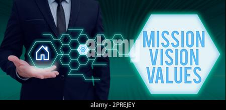 Inspiration montrant le signe Mission Vision valeurs, concept d'affaires profil d'entreprise objectif et énoncé d'attention Banque D'Images